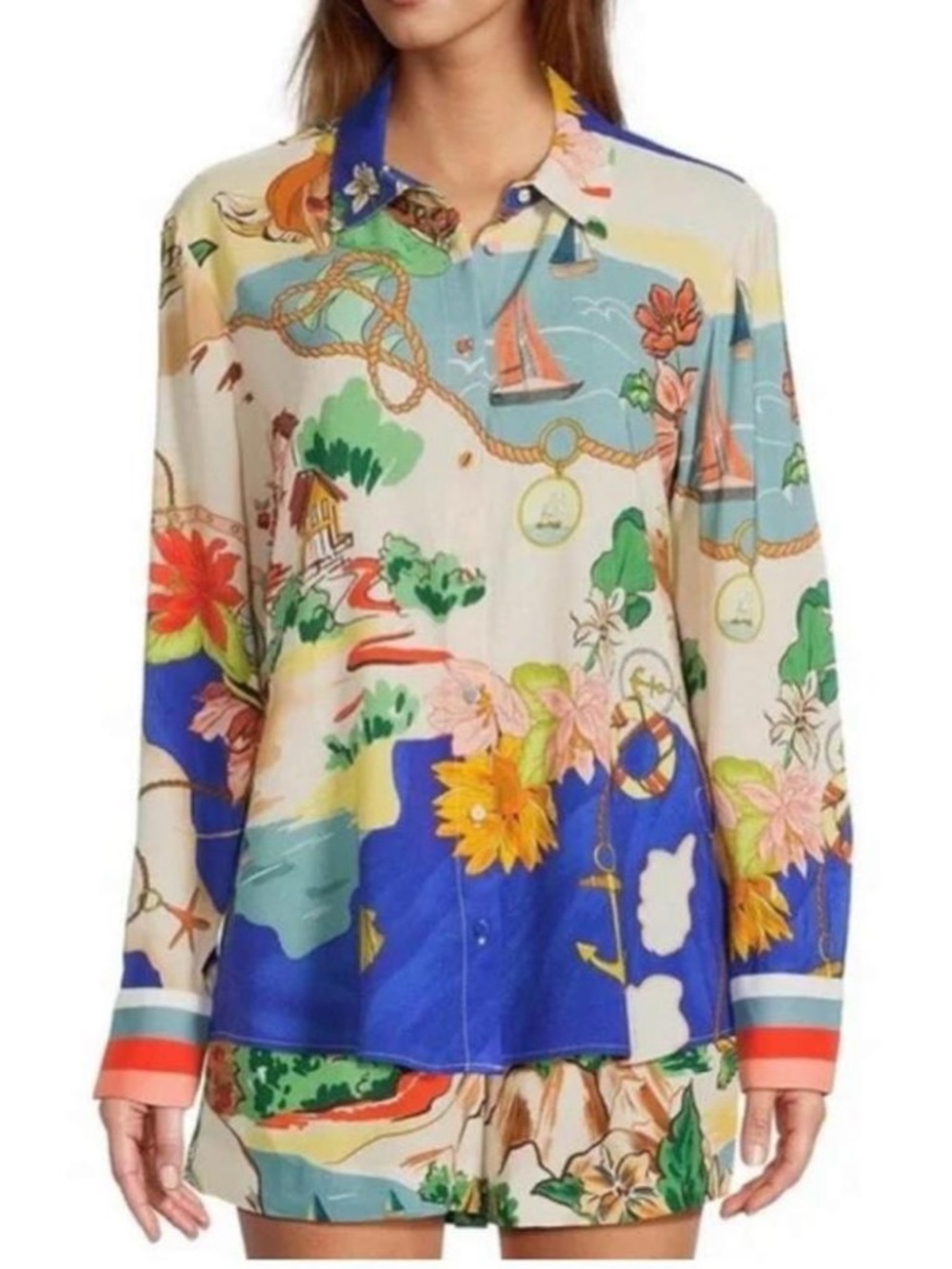 Antonio Melani Polina Linen Long Sleeve Button Down Blouse Ocean Print Large NWT - Picture 2 of 14